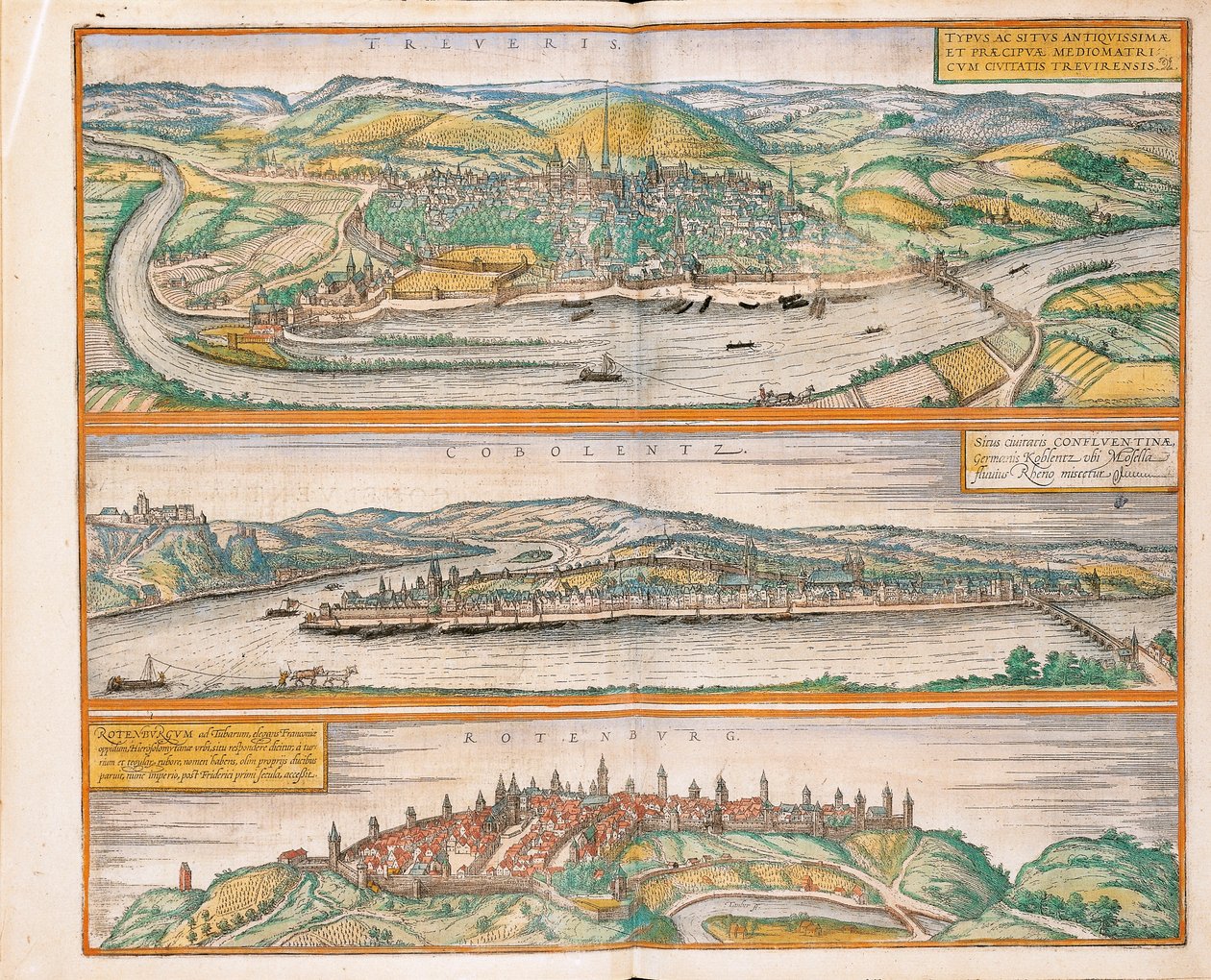 Mappa di Treviri, Coblenza e Rothenburg ob der Tauber da Civitates Orbis Terrarum da Georg Braun and Hogenberg Franz