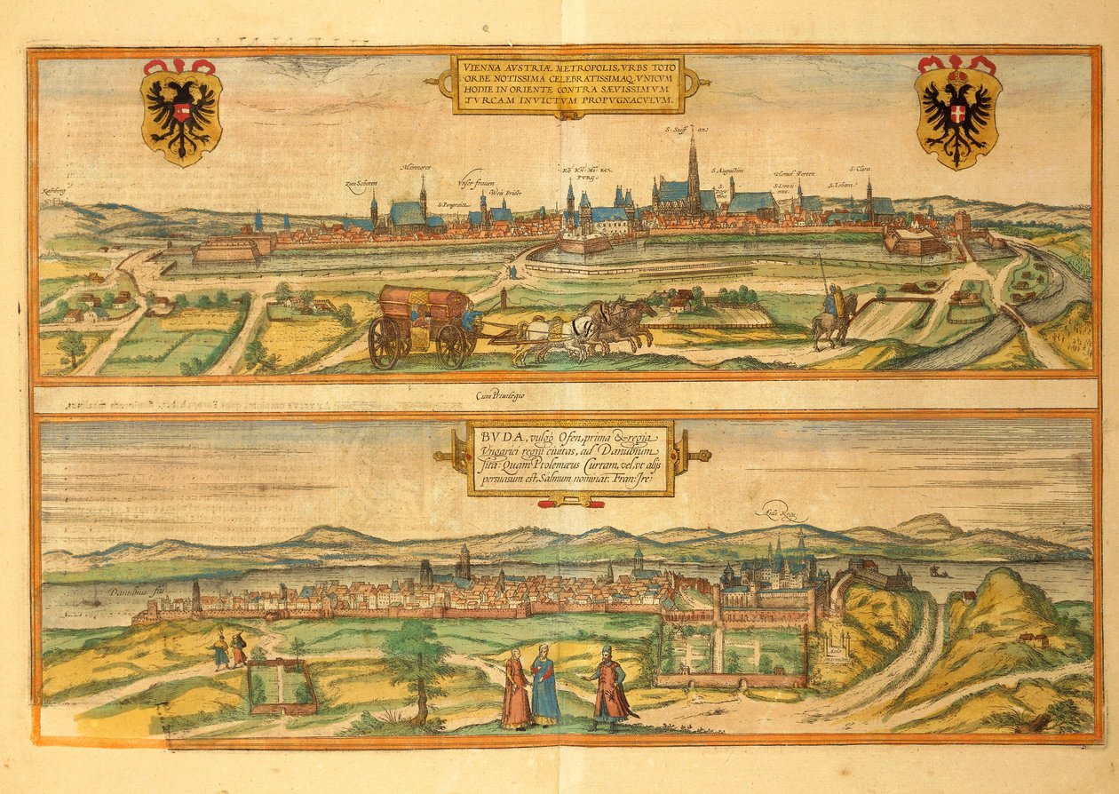 Mappa di Vienna e Buda dal Civitates Orbis Terrarum di Georg Braun da Georg Braun and Hogenberg Franz