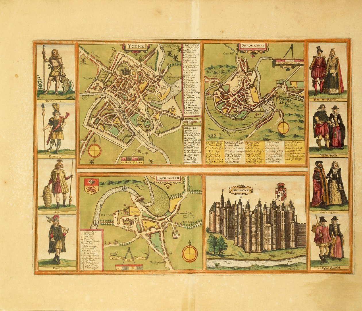 Mappa di York, Shrewbury, Lancaster e Richmond Castle da Civitates Orbis Terrarum di Georg Braun da Georg Braun and Hogenberg Franz