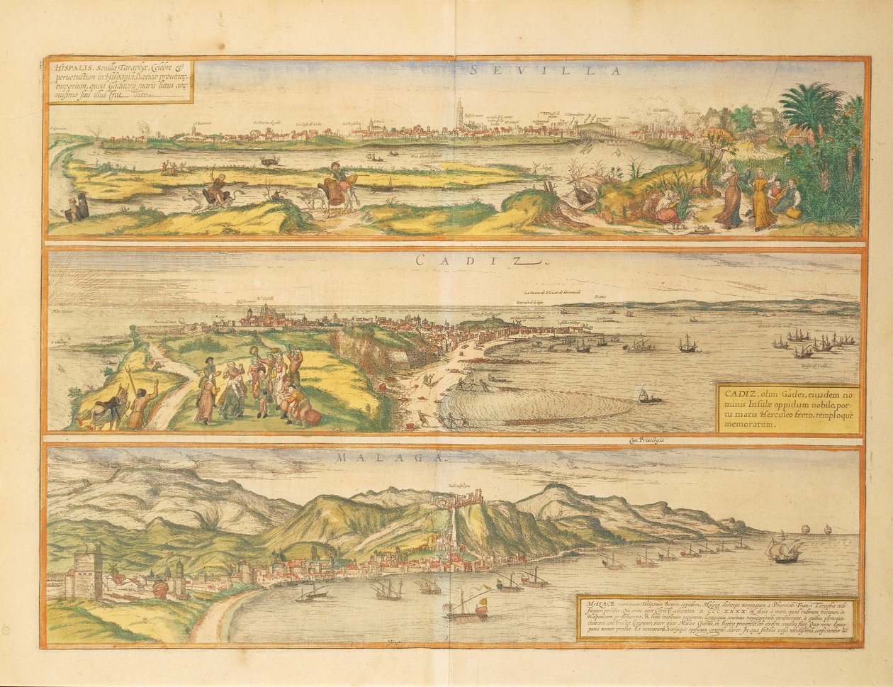 Mappe di Siviglia, Cadice e Malaga, Spagna, da Civitates Orbis Terrarum da Georg Braun and Hogenberg Franz