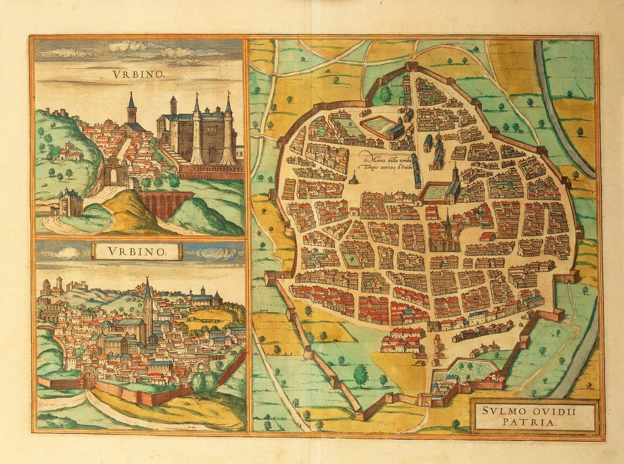 Mappe di Urbino e Sulmona, regioni Abruzzo e Marche, Italia, da Civitates Orbis Terrarum di Georg Braun da Georg Braun and Hogenberg Franz