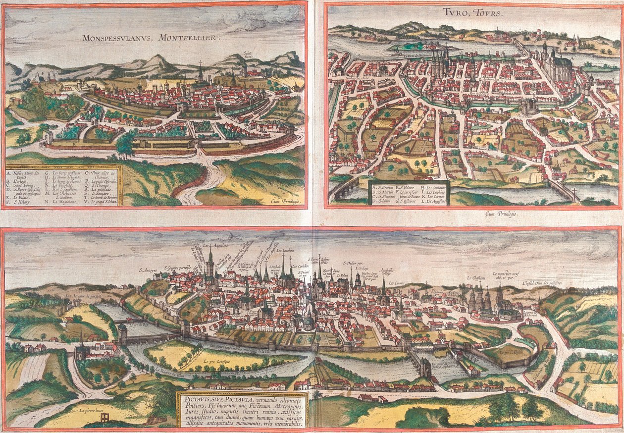 Montpellier, Tours, Poitiers, Francia da Georg and Hogenberg Franz (1535 90) Braun