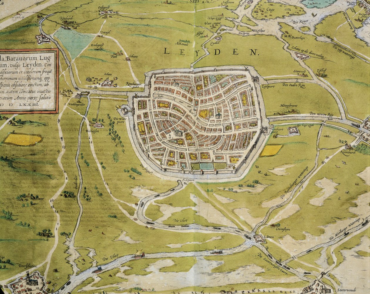 Paesi Bassi, Mappa della città e della regione di Leida dal Civitates Orbis Terrarum di Georg Braun e Franz Hogenberg, Colonia, incisione da Georg Braun and Hogenberg Franz