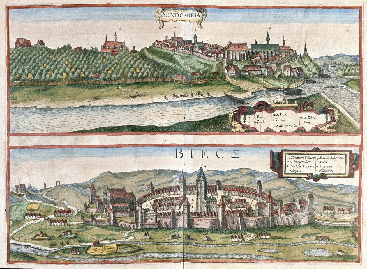 Sandomierz e Biecz, Polonia (incisione) da Georg Braun and Hogenberg Franz