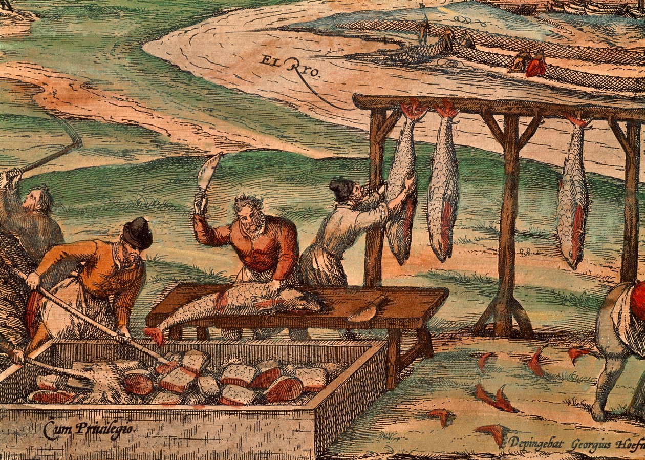Lavorazione del tonno, scena da Civitates Orbis Terrarum da Georg Braun and Hogenberg Franz
