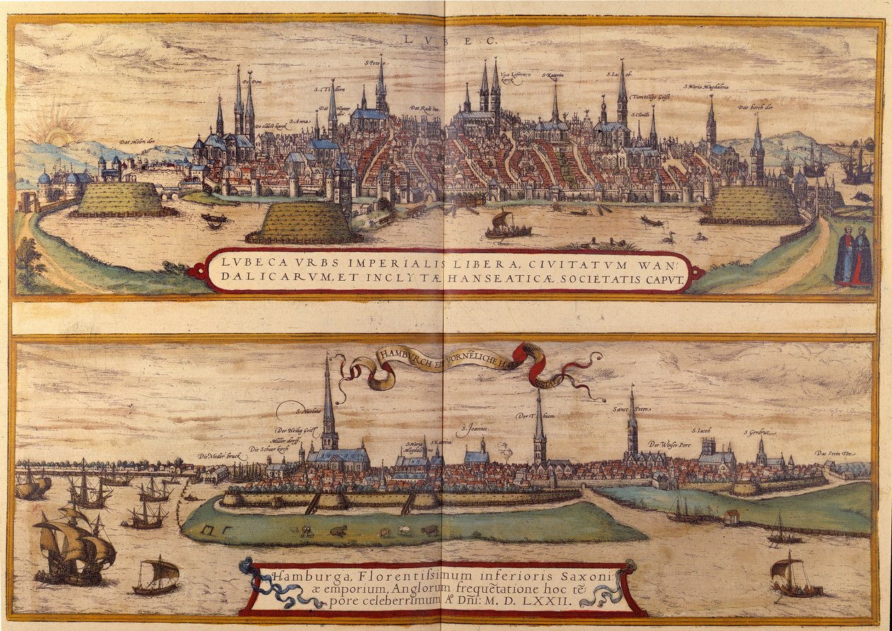 In alto veduta della città di Lubecca, in basso la città di Amburgo in Germania. Incisione dall