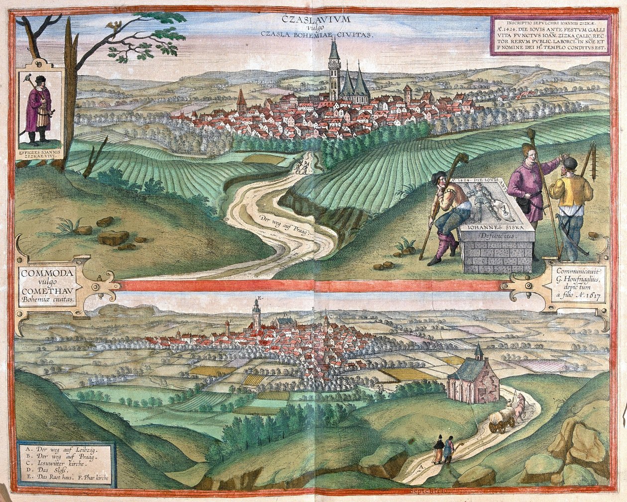 Caslav (Boemia) e Chomutov, Repubblica Ceca (incisione) da Georg Braun and Hogenberg Franz