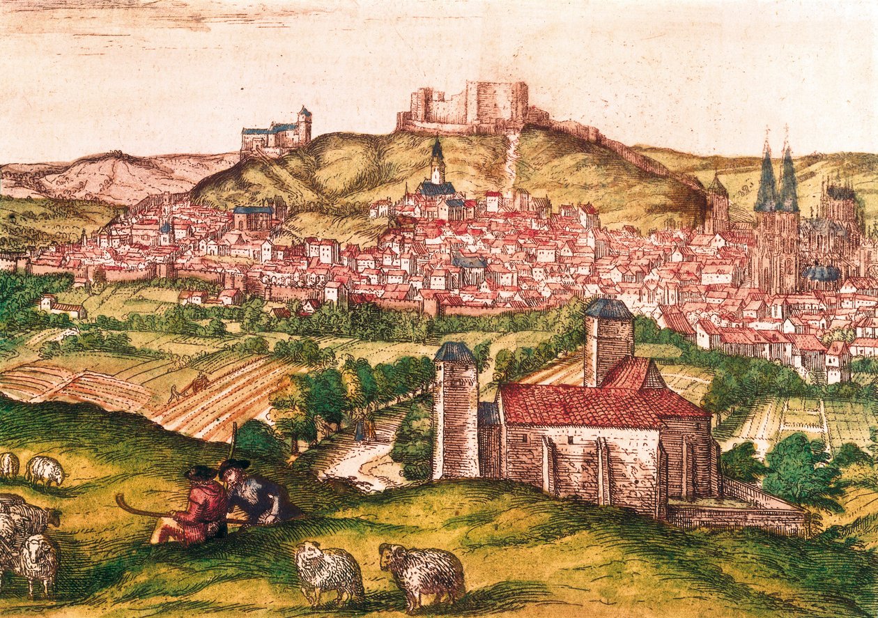 Città di Burgos in Spagna con pastori e gregge di pecore in primo piano (1576). Incisione in Civitatis Orbis Terrarum da Georg Braun and Hogenberg Franz