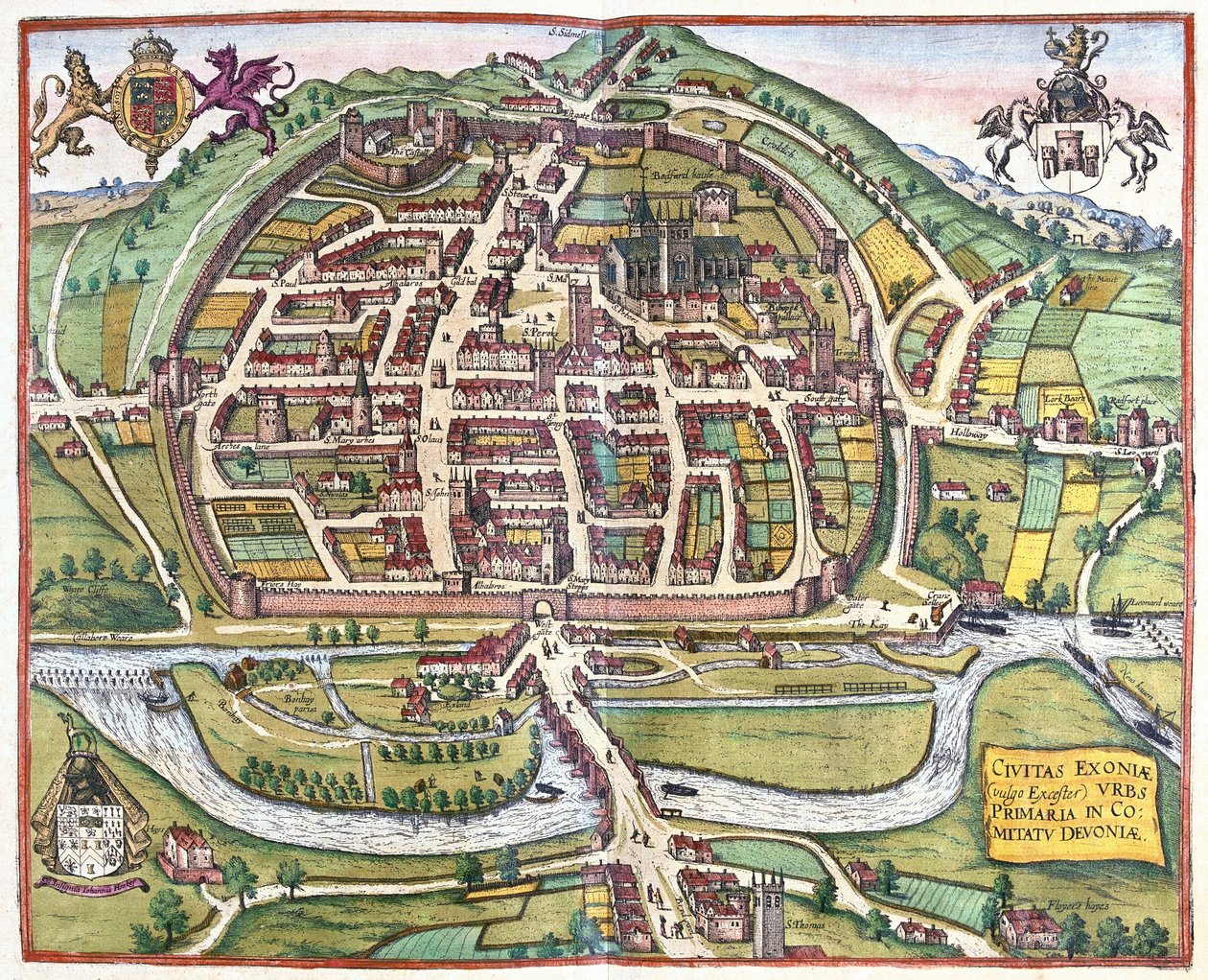 Exeter, Inghilterra da Georg Braun and Hogenberg Franz