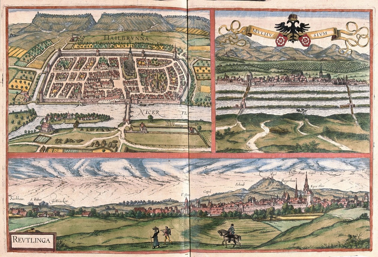Heilbronn (Germania), Mulhouse (Francia) e Reutlingen (Germania) (incisione) da Georg Braun and Hogenberg Franz