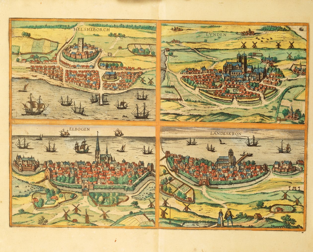 Helsingborg, Lund, Malmö, Elbogen e Landskrona, da Civitates Orbis Terrarum, Colonia da Georg Braun and Hogenberg Franz