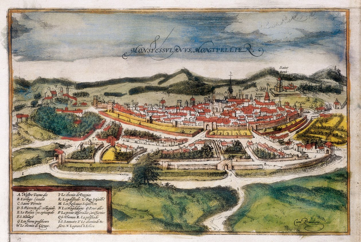 Piano della città di Montpellier da Georg Braun and Hogenberg Franz
