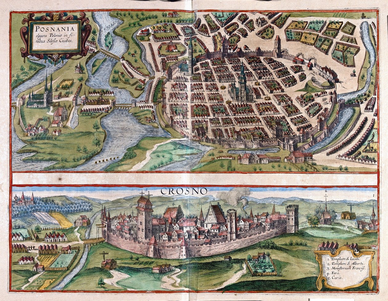 Poznan e Krosno, Polonia (incisione) da Georg Braun and Hogenberg Franz