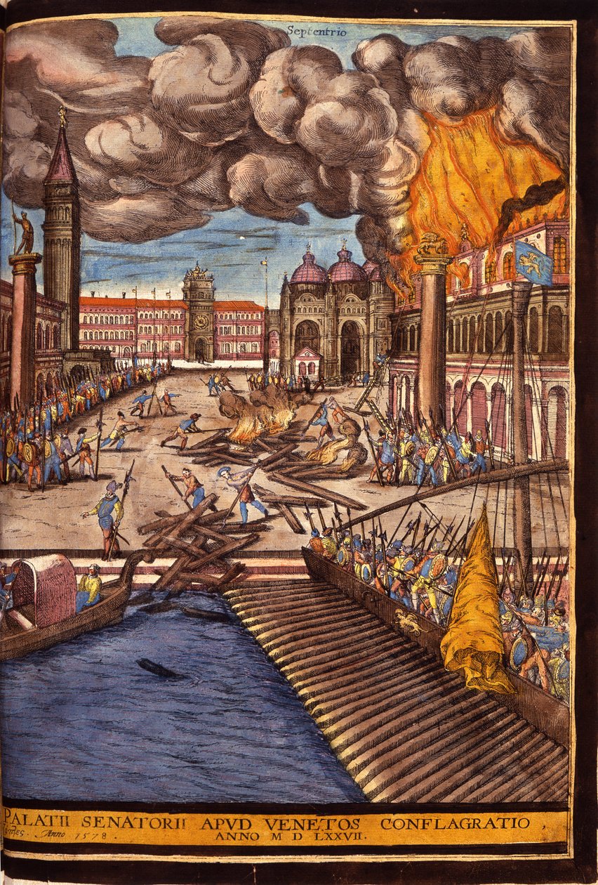 Il grande incendio del Palazzo Ducale in Piazza San Marco a Venezia nel 1577. Incisione di George Braun in "Civitatis Orbis Terrarum" Volume I scritto da Franz Hogenberg da Georg Braun and Hogenberg Franz