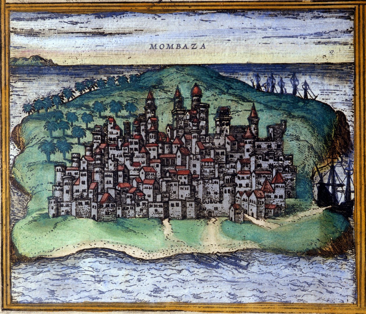 Veduta di Mombasa, Kenya nel XVI secolo, quando la città era occupata dai portoghesi (dall