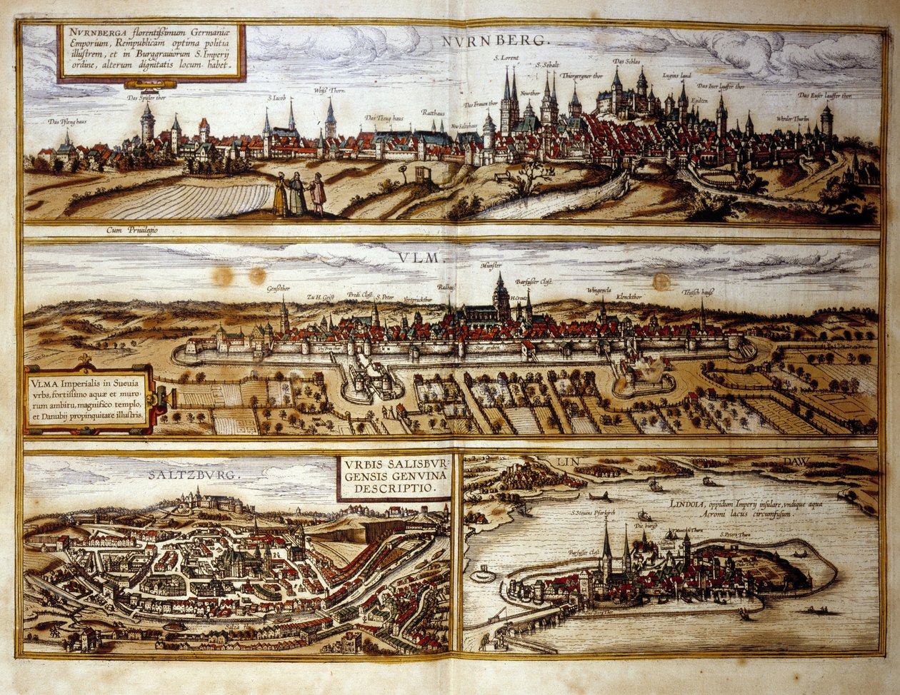 Veduta delle città tedesche di Norimberga e Ulma, Salisburgo, Austria. Incisione dall