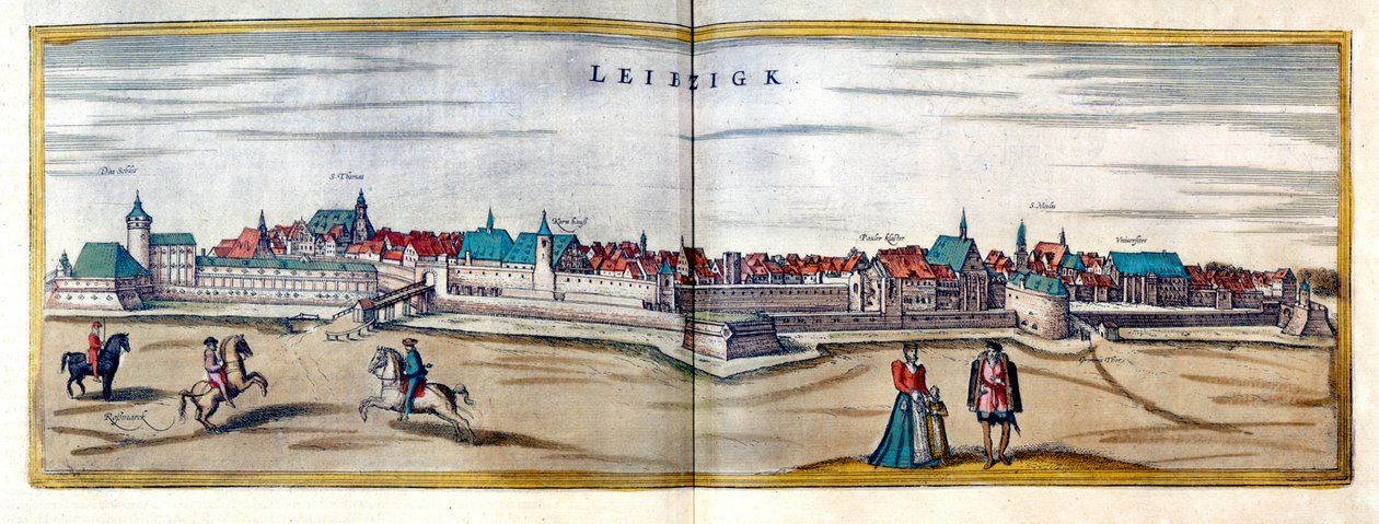 Veduta della città di Lipsia in Germania. Incisione dall