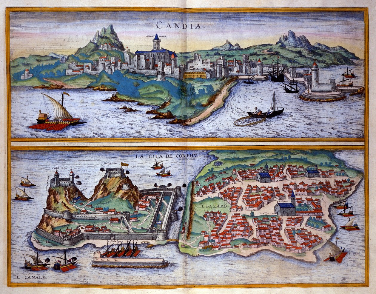 Veduta del porto di Candia (odierna Heraklion) a Creta e del porto di Corfù in Grecia. Incisione di George Braun in "Civitates Orbis Terrarum" Volume I scritto da Franz Hogenberg (1535-1590) da Georg Braun and Hogenberg Franz