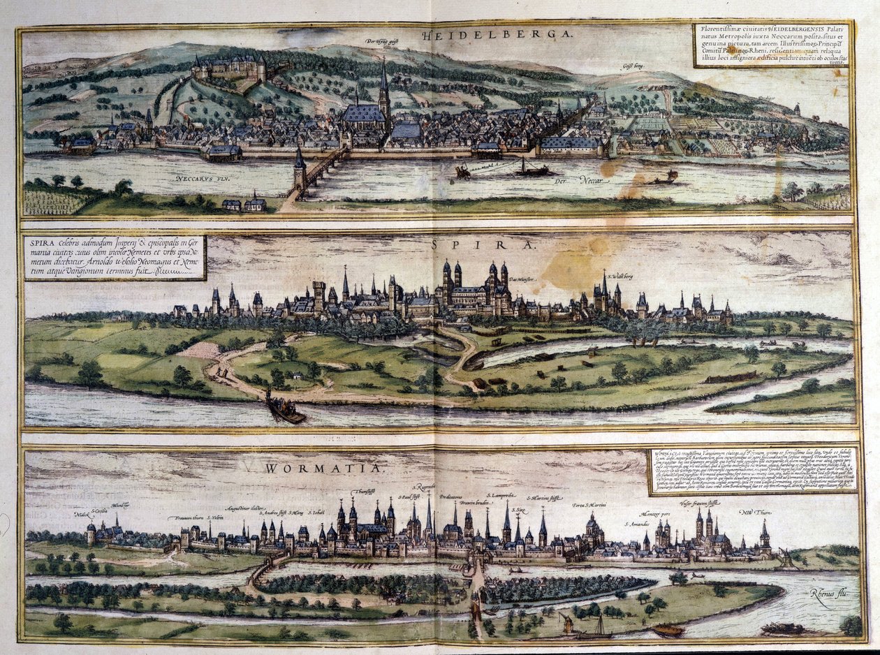 Vedute di tre città in Germania: Heidelberg, Spira, Worms (Atlante di Braun e Hogenberg, 1550) da Georg Braun and Hogenberg Franz