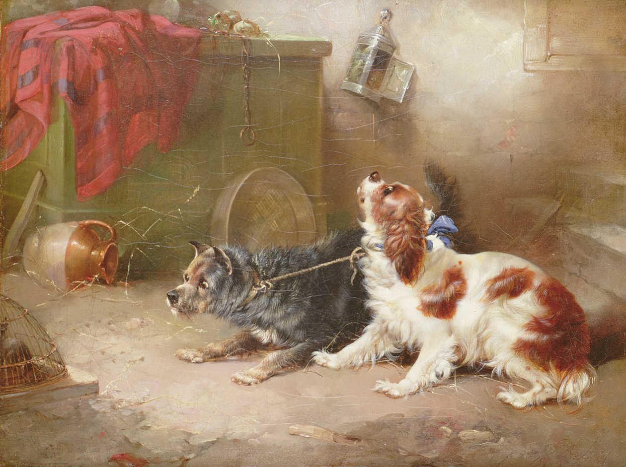 Un Terrier e un King Charles Spaniel che spaventano un ratto da George Armfield
