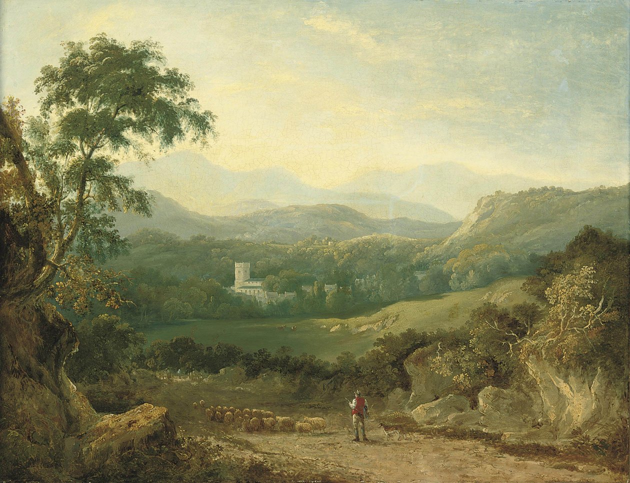 Paesaggio montuoso vicino a Porthmadog, con un pastore, il suo gregge e un collie in un sentiero, un viaggiatore in lontananza, mucche in una valle e un villaggio oltre da George Barret