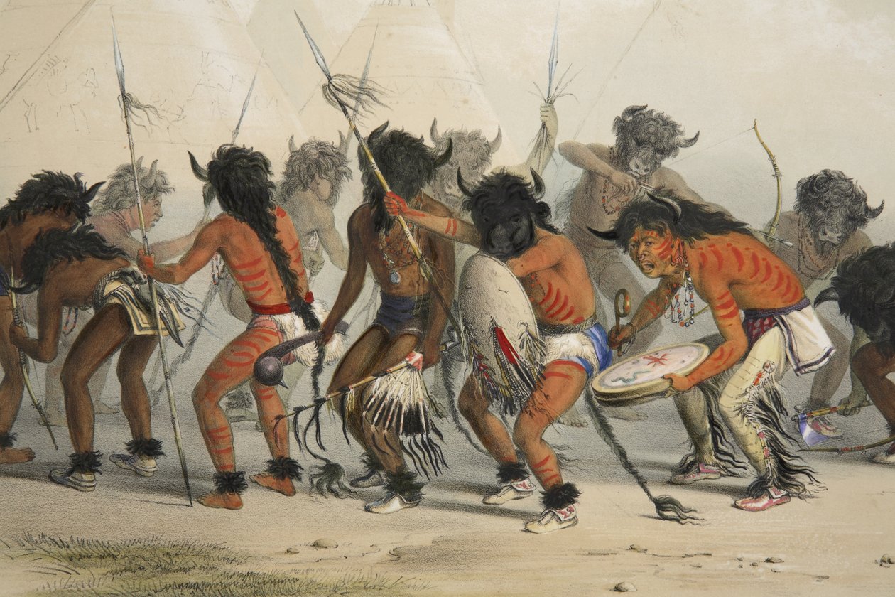 Danza del bufalo (dettaglio), da Catlins North American Indian Portfolio. Hunting Scenes and Amusements of the Rocky Mountains and Prairies of America, pub. 1845 da George Catlin