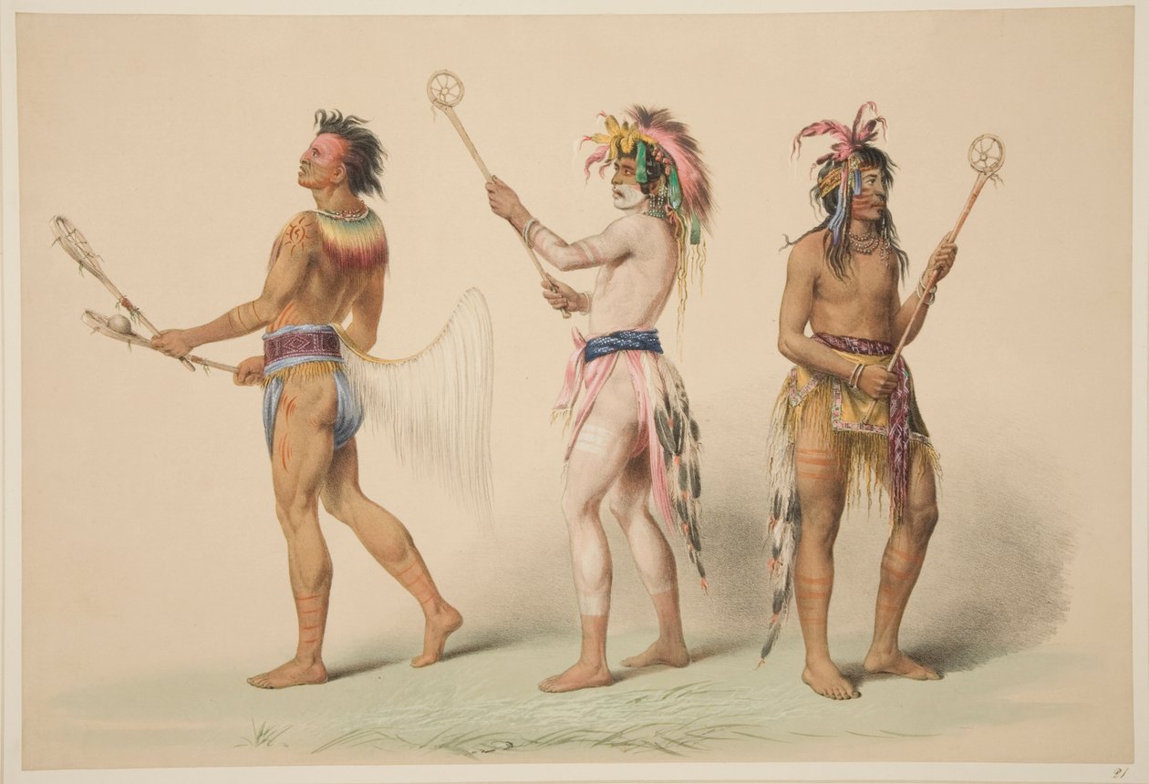 Illustrazione di giocatori di lacrosse, da Illustrations of the Manners, Customs & Conditions of the North American Indians, Londra, 1845 da George Catlin