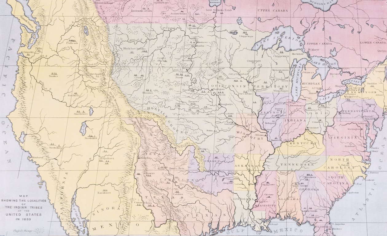 Mappa che mostra le località delle tribù indiane degli Stati Uniti nel 1833, illustrazione da 