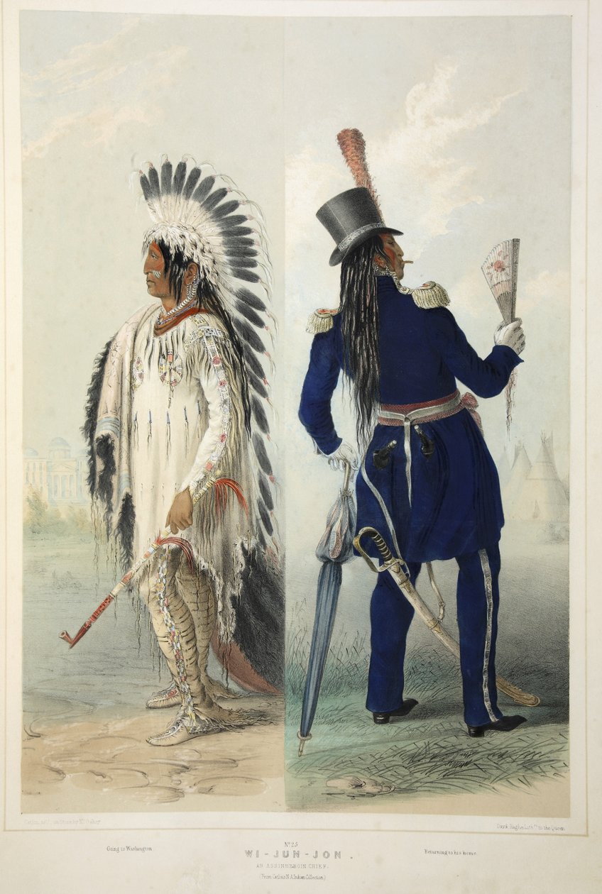 Wi-Jun-Jon, un capo Assinneboin, da Catlins North American Indian Portfolio. Hunting Scenes and Amusements of the Rocky Mountains and Prairies of America, pub. 1845 da George Catlin