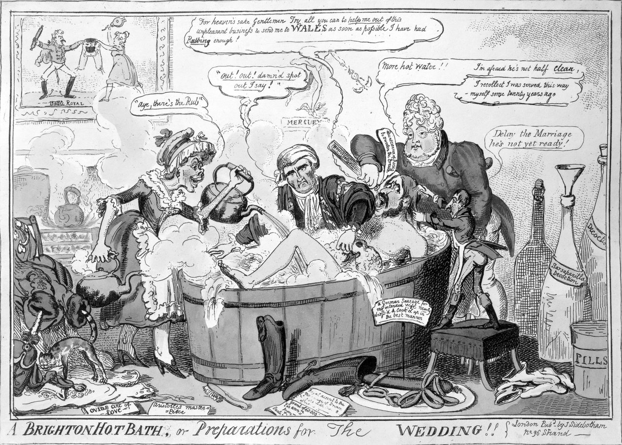 Un bagno caldo a Brighton, o preparativi per il matrimonio, 1816 da George Cruikshank