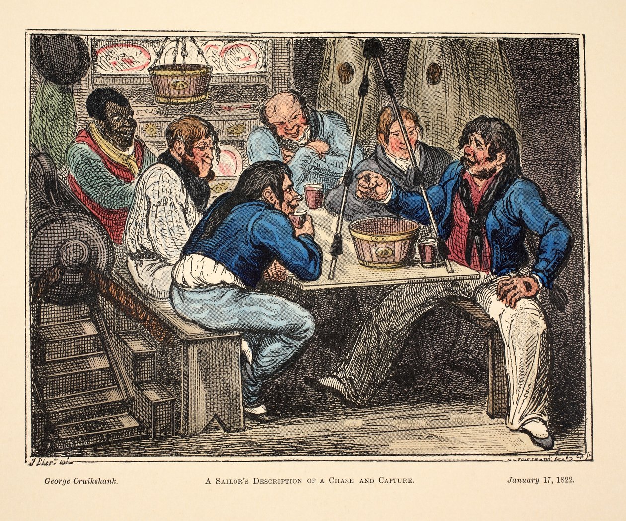 Descrizione di un marinaio di un inseguimento e cattura, pub. 1822 da George Cruikshank