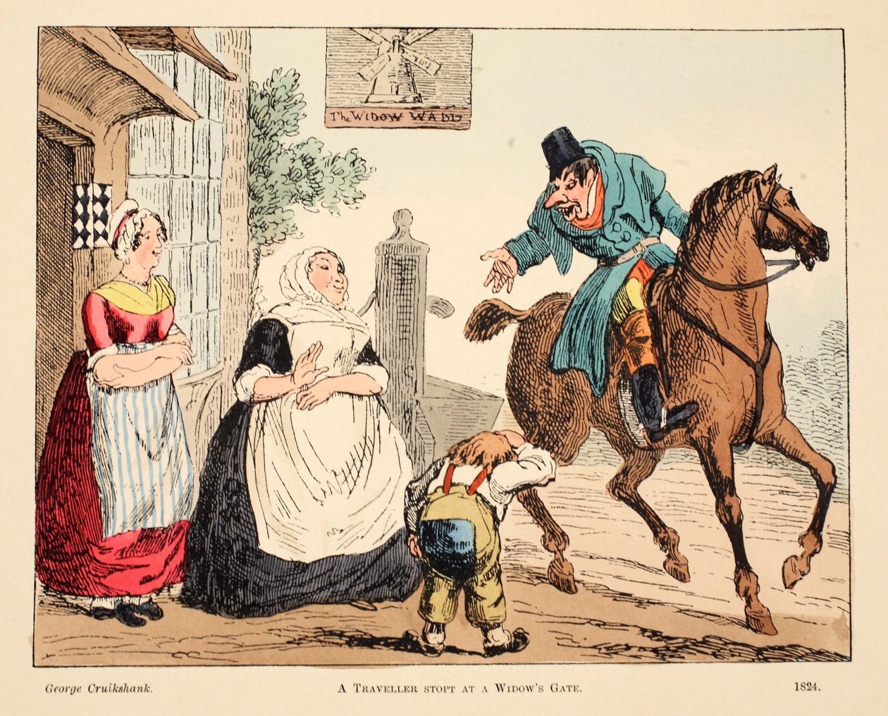 Un viaggiatore fermato al cancello di una vedova, pub. 1824 da George Cruikshank