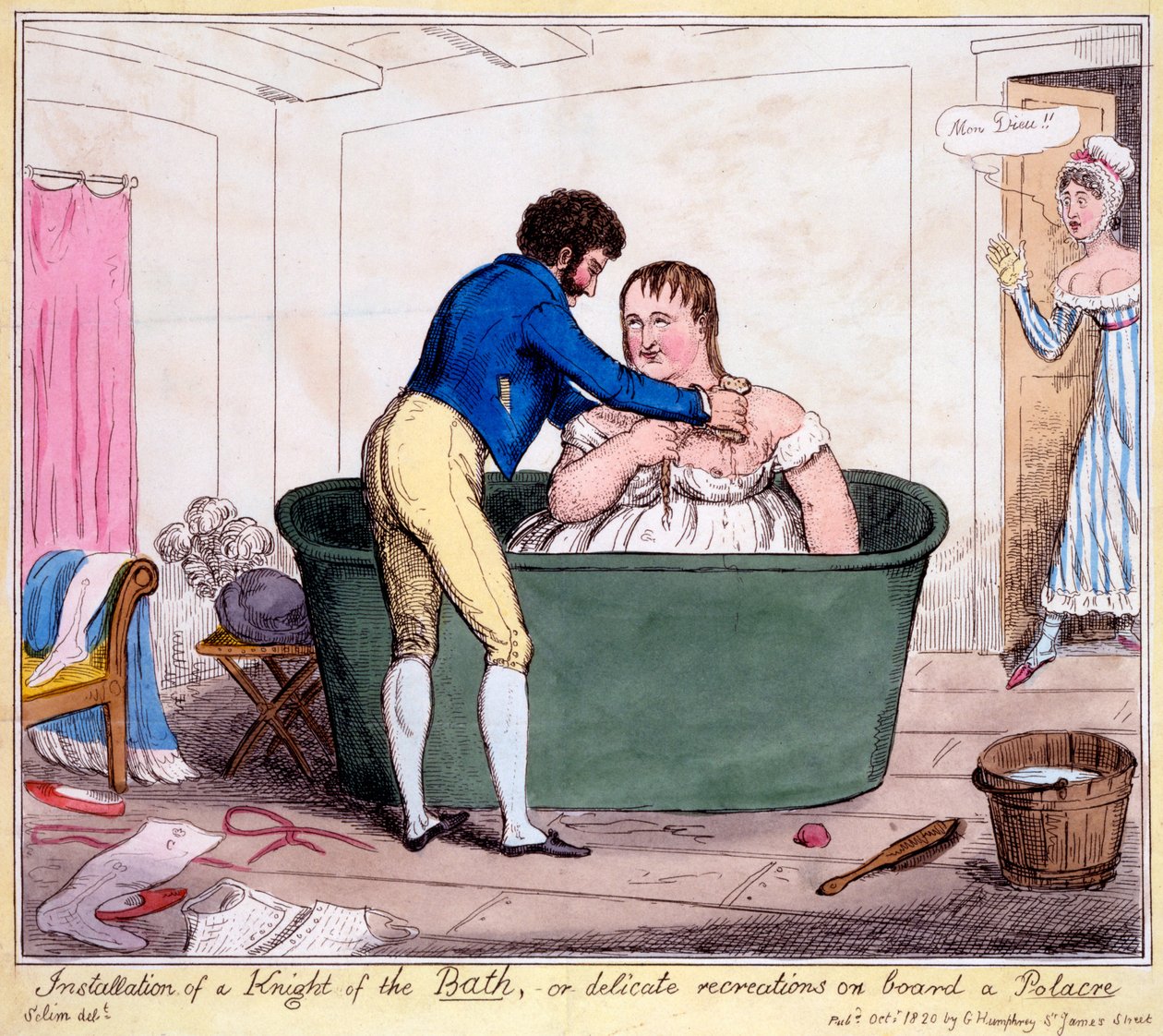 Installazione di un Cavaliere del Bagno, o delicate ricreazioni a bordo di una Polacre, 1820 da George Cruikshank