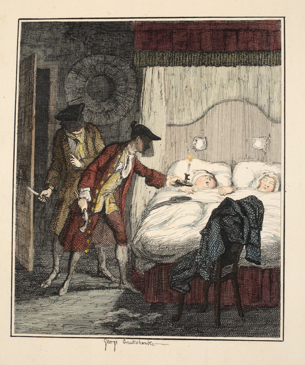 Jack Sheppard e Blueskin nella camera da letto del signor Wood, illustrazione da Jack Sheppard: Un romanzo di William Harrison Ainsworth, pubblicato 1839 da George Cruikshank