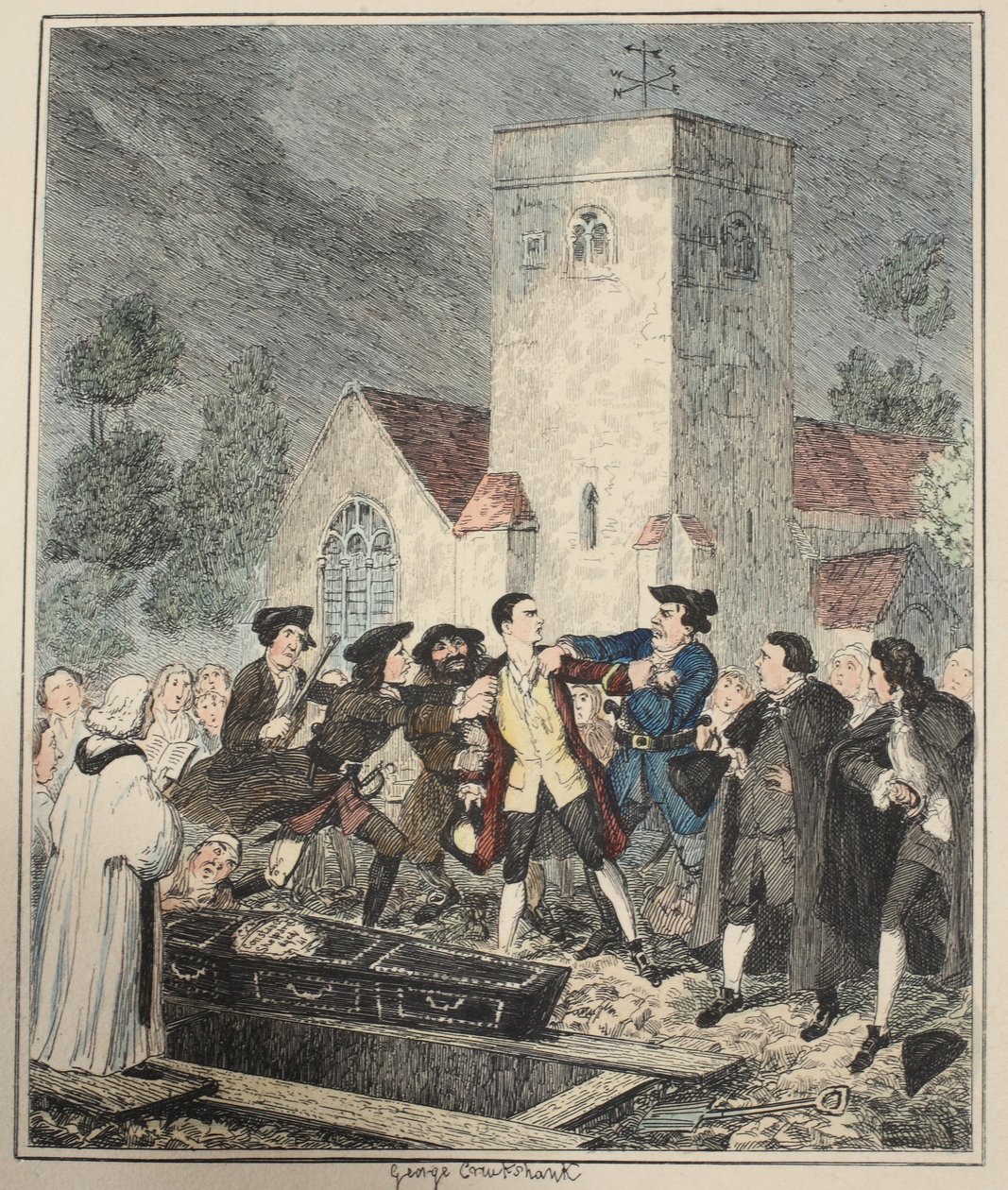 Jonathan Wild cattura Jack al funerale di sua madre nel cimitero di Willesden, illustrazione da Jack Sheppard: Un romanzo di William Harrison Ainsworth, pubblicato 1839 da George Cruikshank