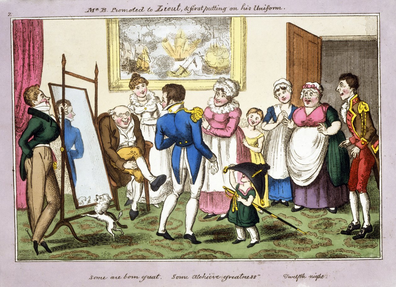 Il Sig. B. promosso a Tenente e che indossa per la prima volta la sua uniforme, 1835 da George Cruikshank