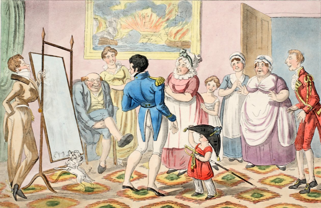 Il signor B promosso a tenente e per la prima volta indossa la sua uniforme, da Il progresso di un guardiamarina, pub. 1835 da George Cruikshank