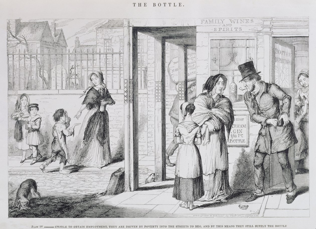 La Bottiglia, Tavola IV, Incapaci di ottenere lavoro, sono costretti dalla povertà a mendicare per strada, e in questo modo continuano a fornire la bottiglia, 1847 da George Cruikshank