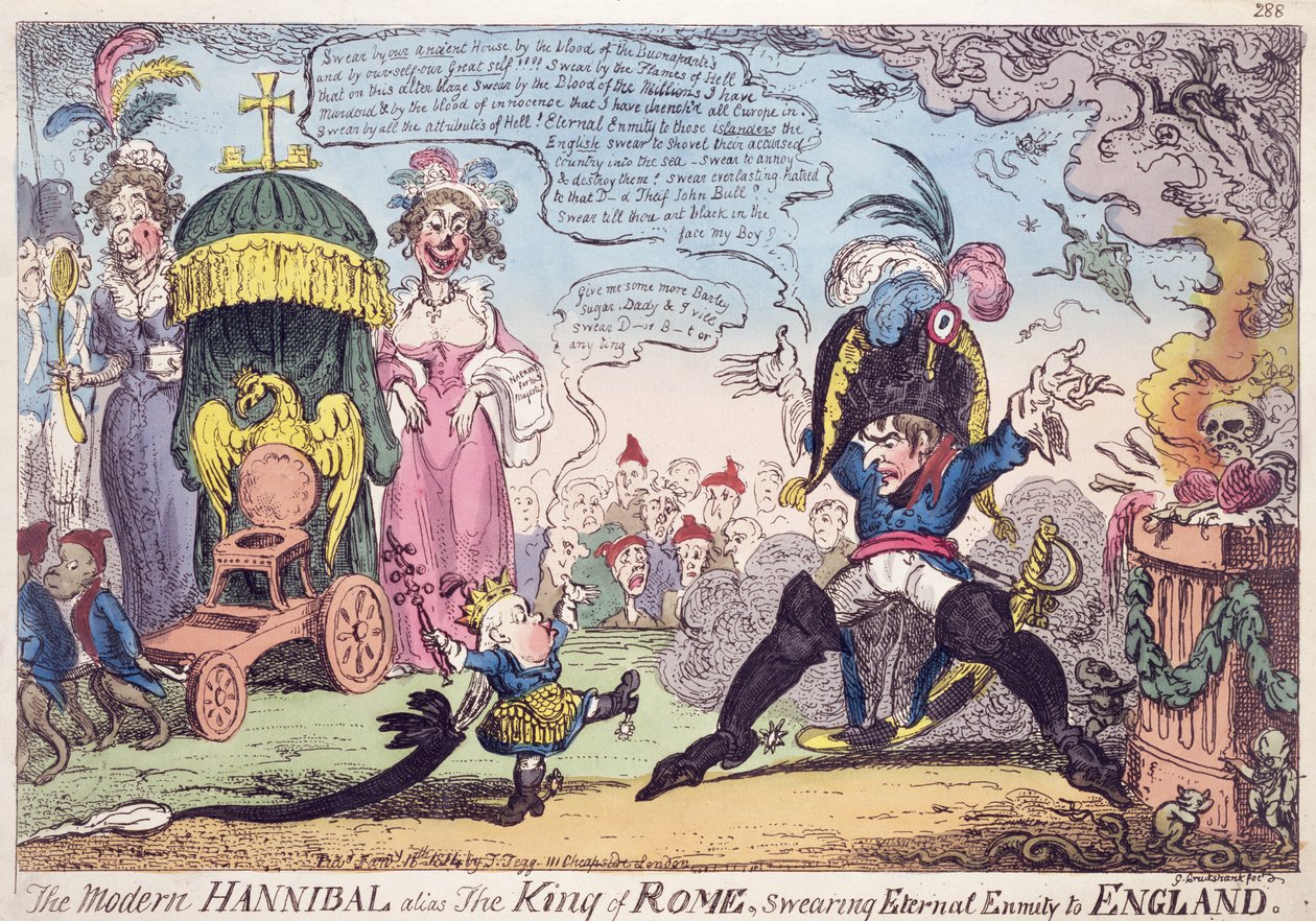 Il Re di Roma, 1814 - caricatura che mostra Napoleone e suo figlio, Napoleone II, Roi de Rome da George Cruikshank