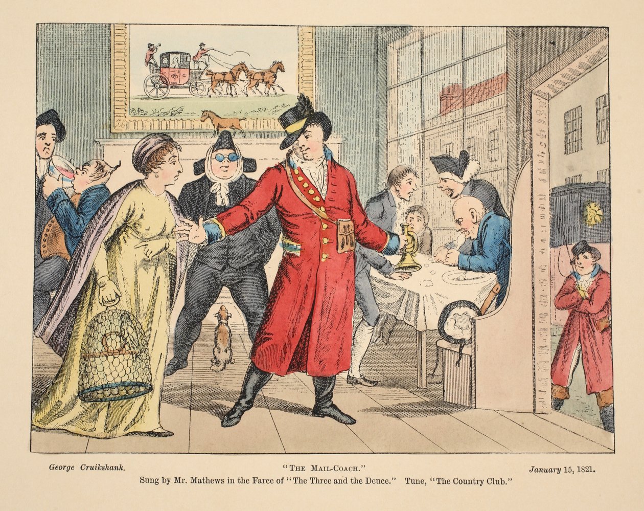 La diligenza, cantata dal signor Mathews nella farsa The Three and the Deuce. Melodia, The Country Club, pub. 1821 (incisione colorata a mano) da George Cruikshank