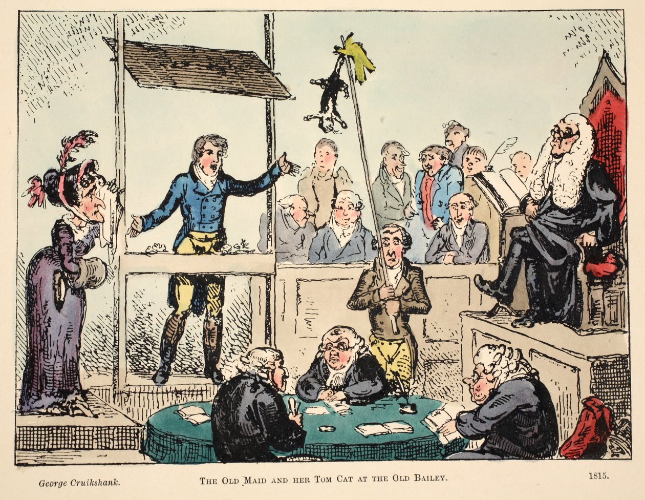 La Vecchia Signora e il suo Gatto Tom alla Vecchia Bailey, pub. 1815 da George Cruikshank