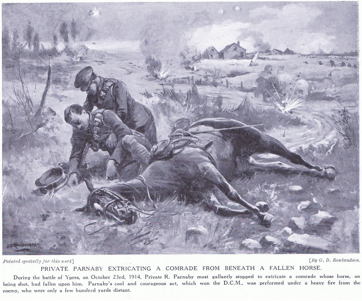 Il soldato Parnaby premiato con la DCM per aver estratto un compagno da sotto un cavallo caduto sotto pesante fuoco, ottobre 1914 da George Derville Rowlandson