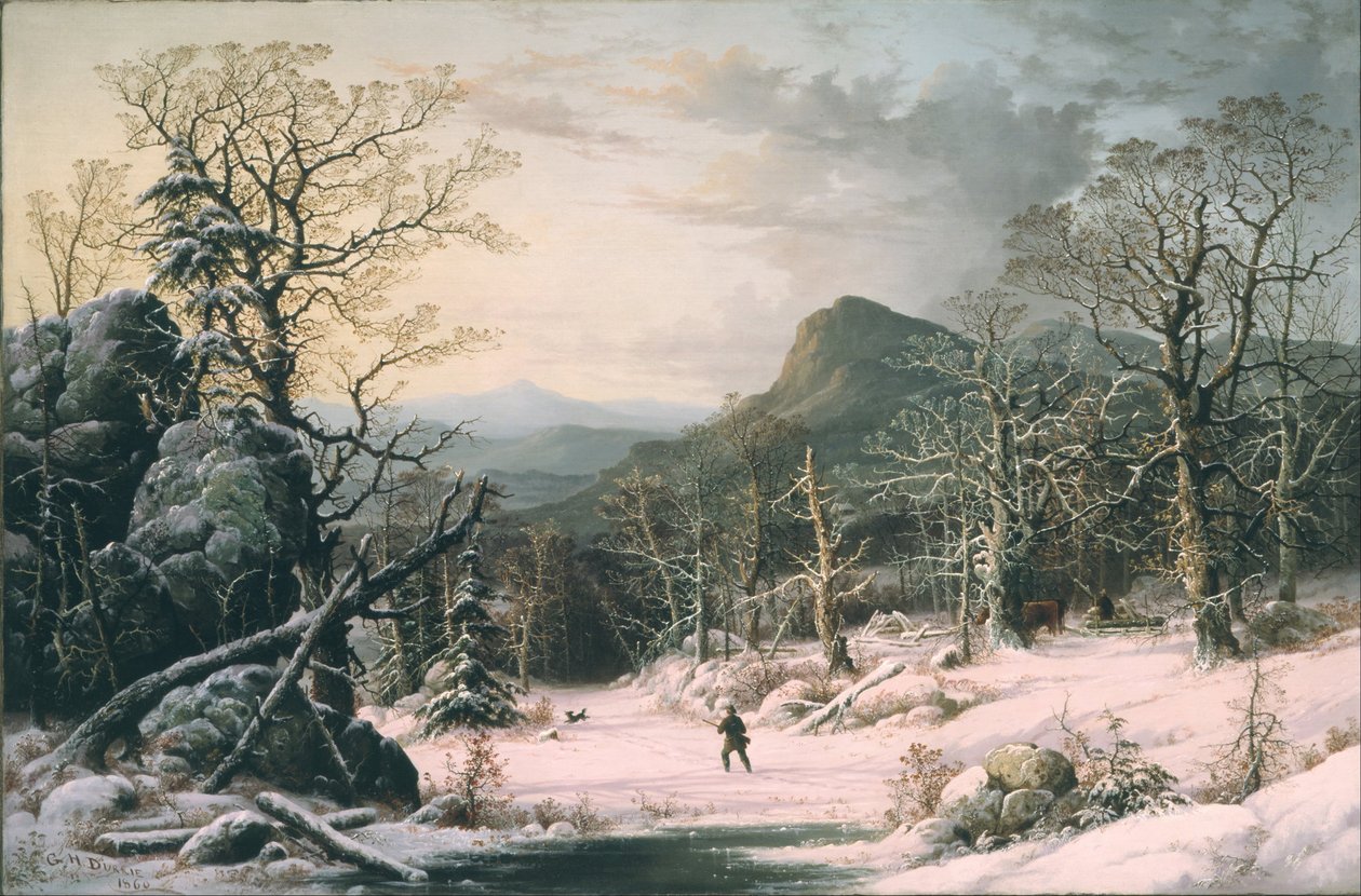 Cacciatore nel bosco invernale da George Henry Durrie