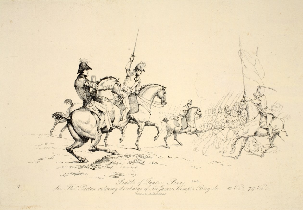 Battaglia di Quatre Bras: Sir Thomas Picton ordina la carica della brigata di Sir James Kempt, pub. J. Booth, 1816 da George Jones