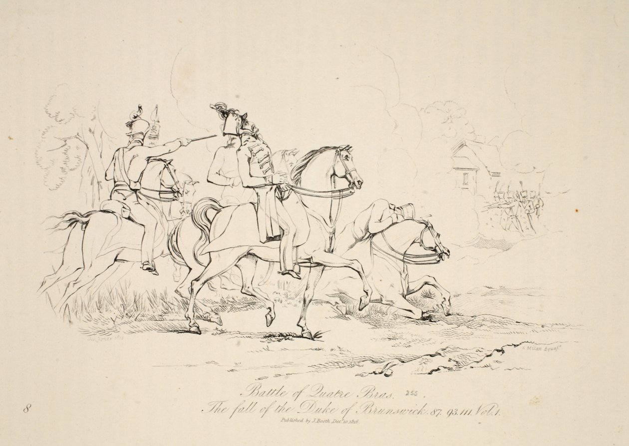 Battaglia di Quatre Bras: La caduta del Duca di Brunswick, pub. J. Booth, 1816 da George Jones