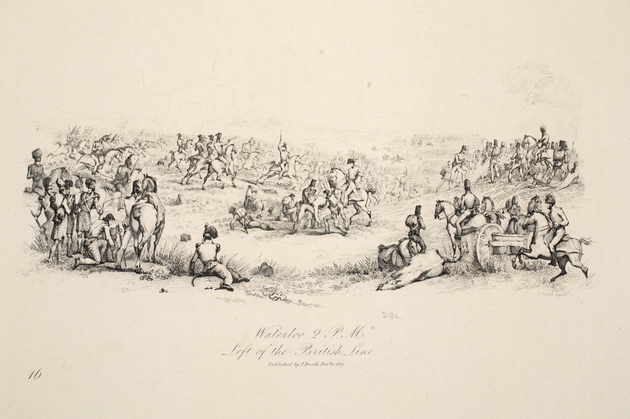 Waterloo, 14:00, a sinistra della Linea Britannica, pub. J. Booth, 1816 da George Jones