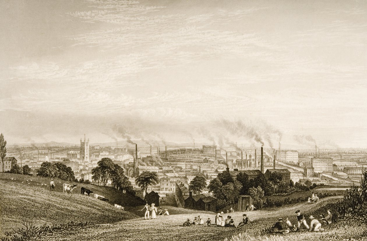 Vista generale di Stockport, Lancashire con mulini di cotone, pubblicato da J.C. Varrall (fl.1815-27) 1830s da George Pickering