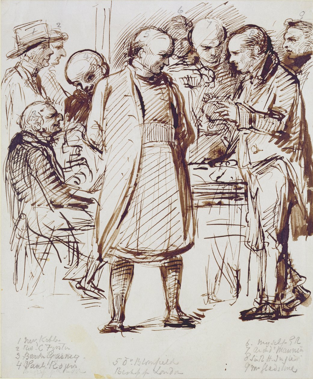 Un gruppo di ecclesiastici e politici tra cui John Keble e William Gladstone in conversazione con il vescovo di Londra a Fulham Palace da George Richmond