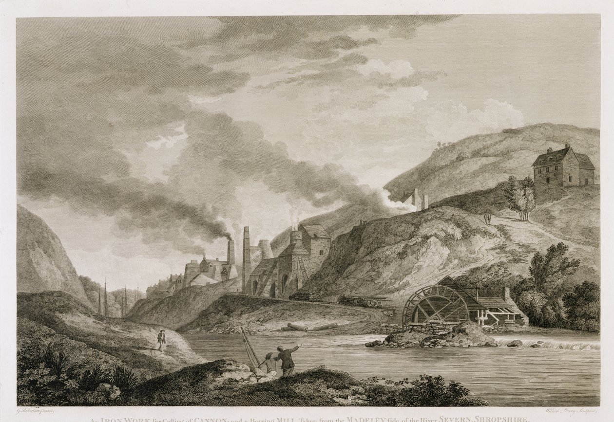 Una fonderia per la fusione di cannoni e un mulino per la foratura presi dal lato di Madeley del fiume Severn, Shropshire, inciso da Wilson Lowry (1762-1824) 1788 da George Edward Robertson