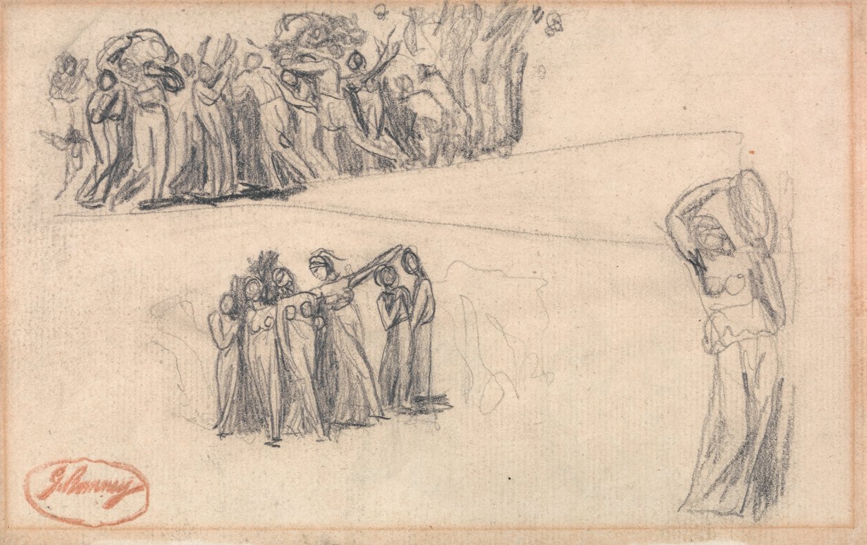 Due schizzi di donne e bambini in fuga e figura femminile in piedi che suona il tamburello come per Lady... da George Romney